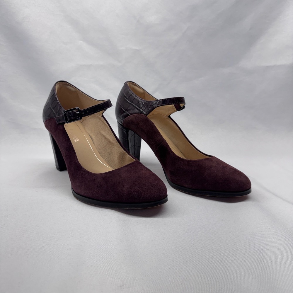 Clarks Kaylin Alba Pumps Wmn 8 Burgundy Suede Croc Embossed Mary Jane Block Heel
